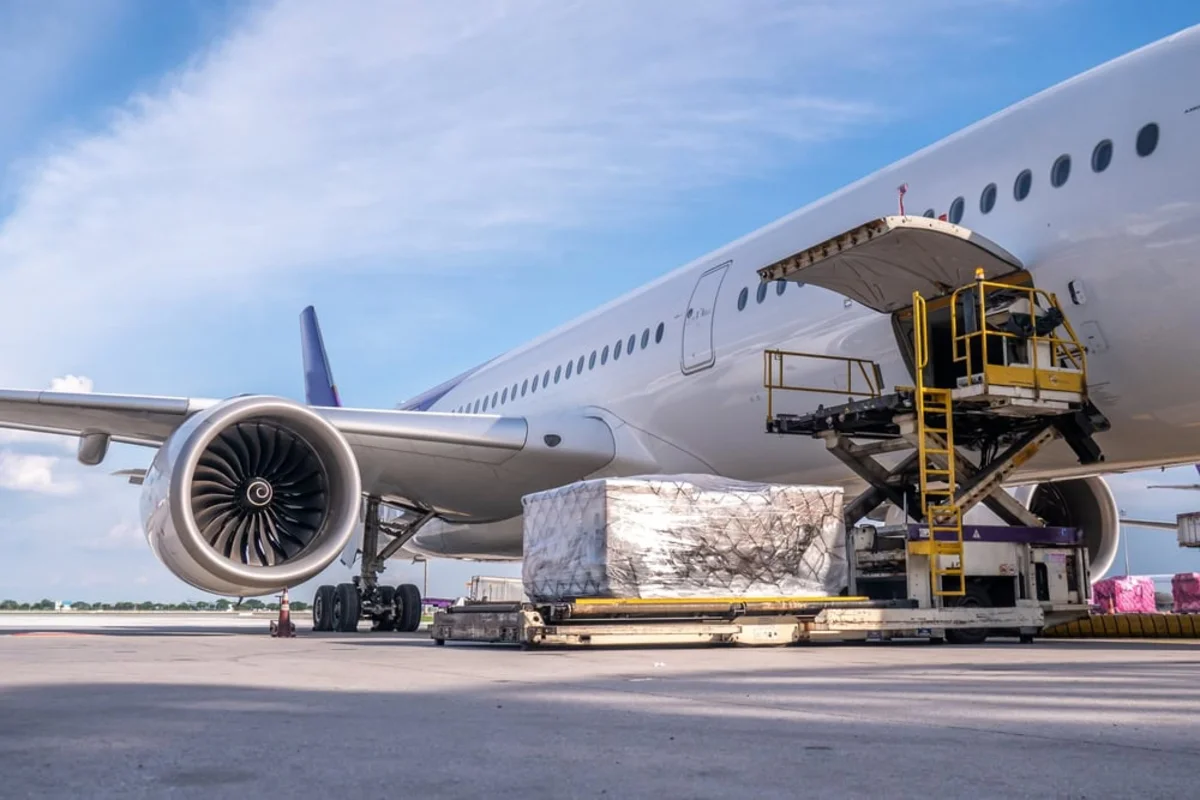 Airport logistics air cargo loading with freight handling and supply chain transportation