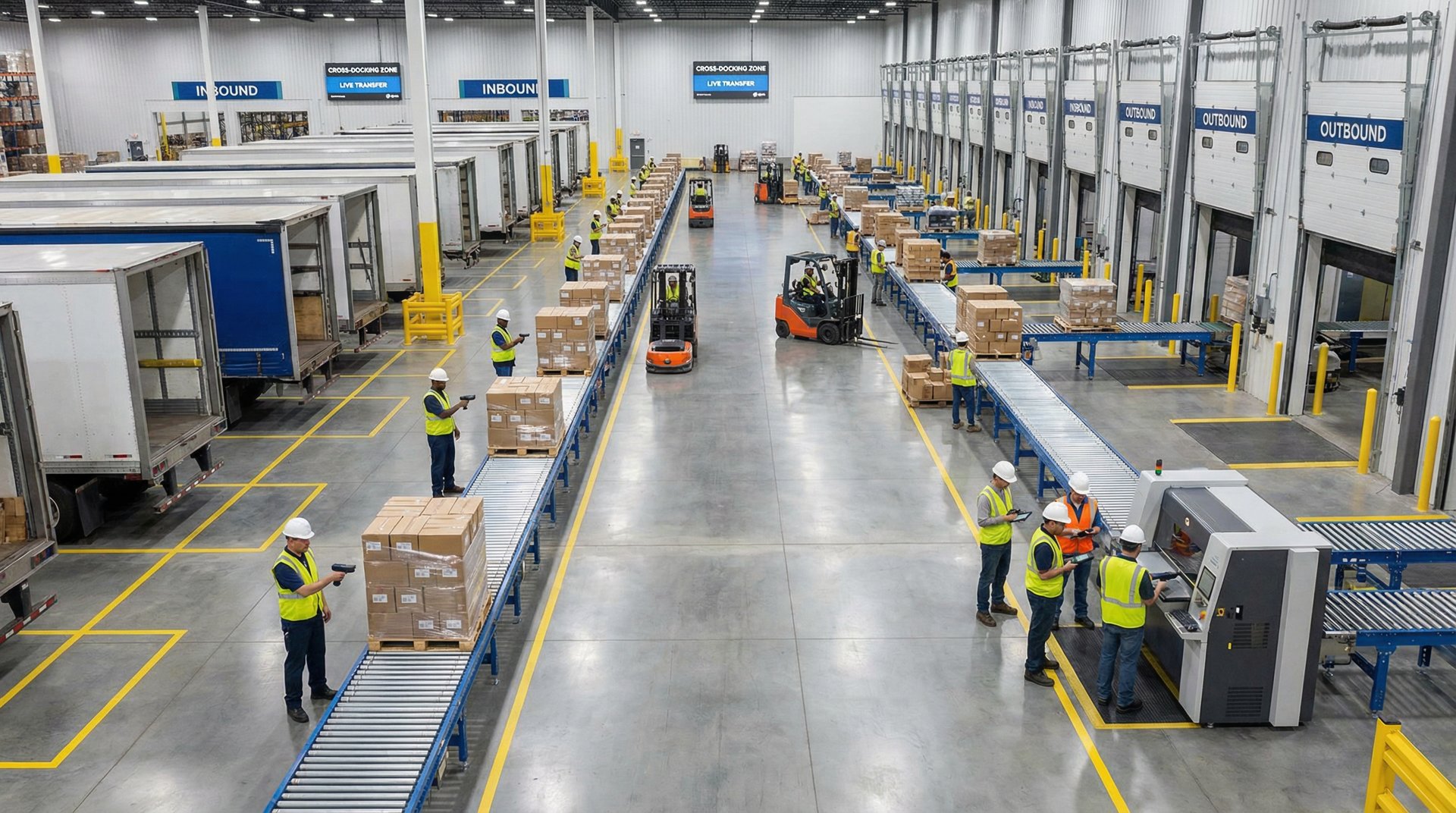 Cross-docking operations showing simultaneous inbound and outbound transfers