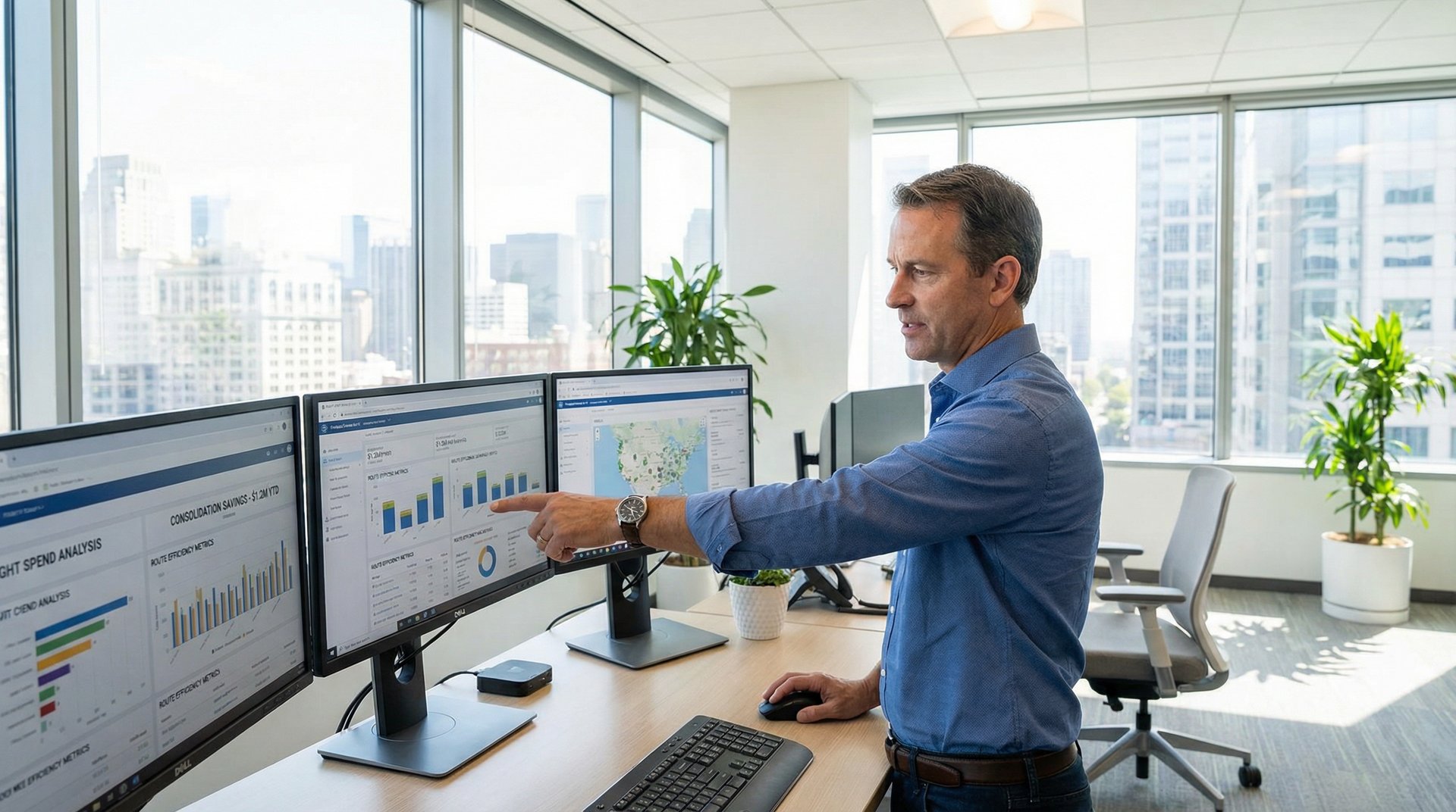 Logistics manager analyzing freight cost optimization dashboard