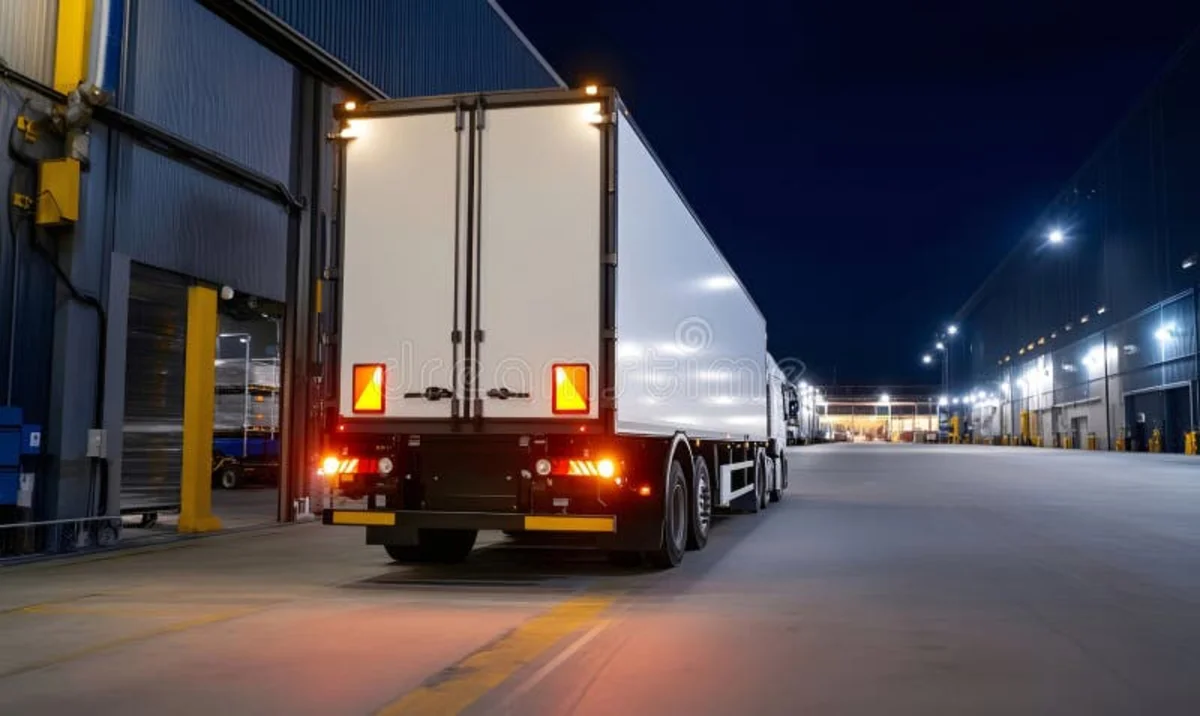 Logistics operations warehouse with freight trucks and supply chain management